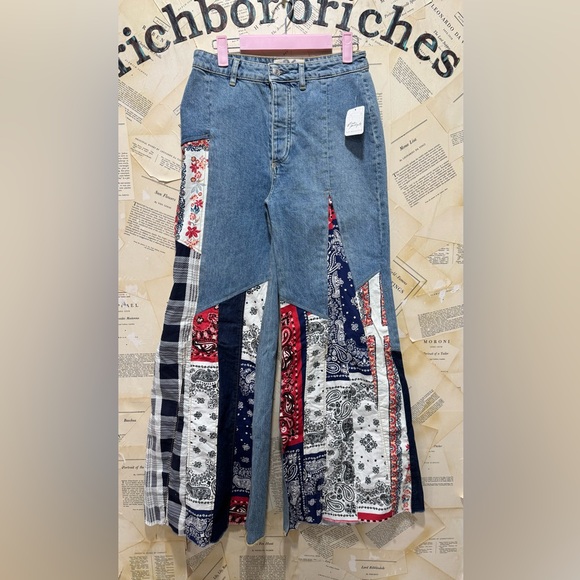 Free People Cortez Pierced Wide Leg Jean Mixed Floral Bandana Plaid Print - Picture 9 of 10